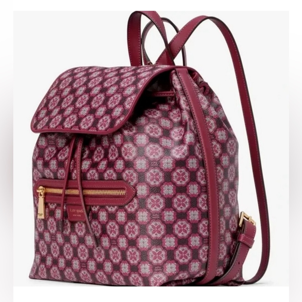 Kate Spade Monogram Flower Mia Medium Flap Backpack in Garnet Rose NWT - Picture 3 of 6